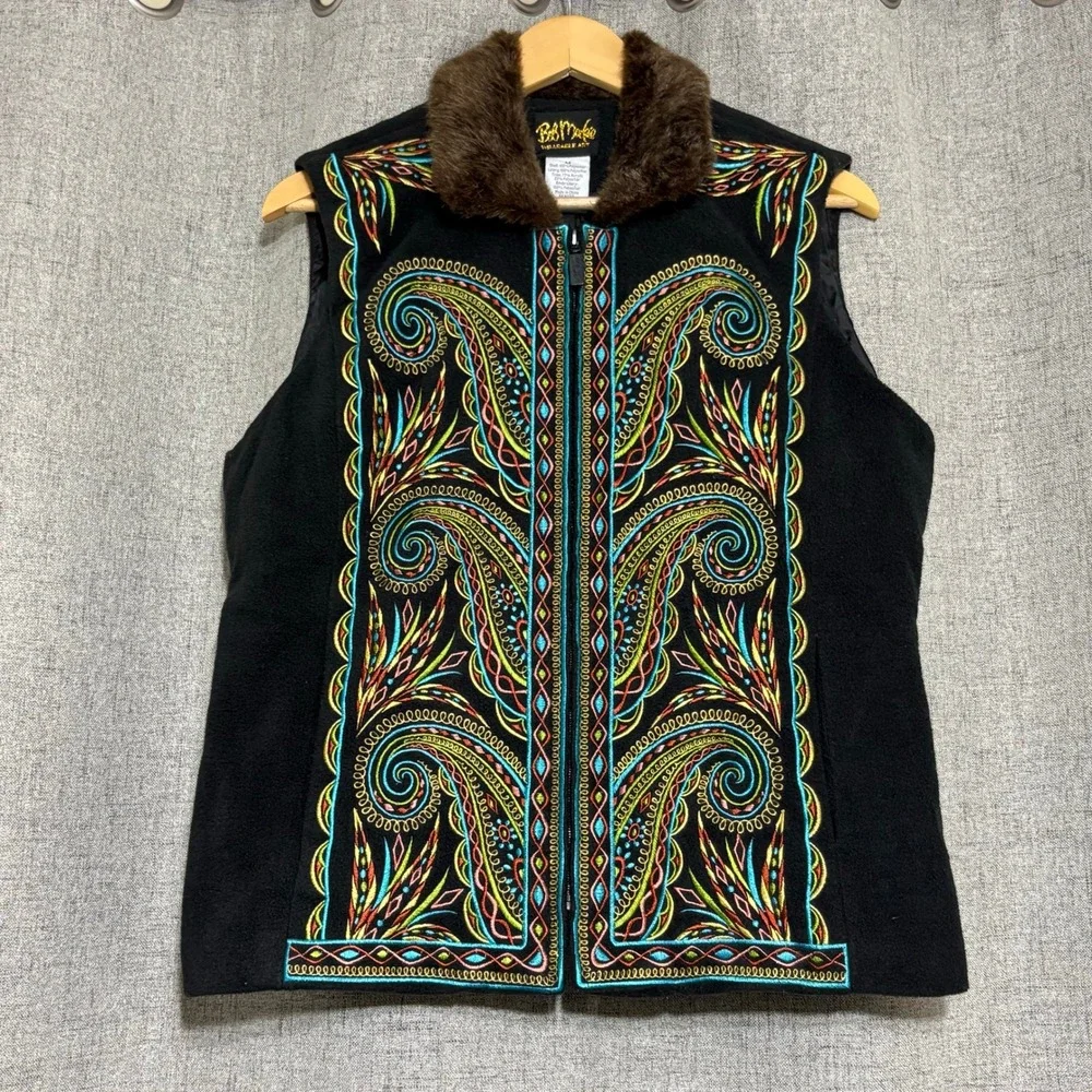 Vintage Bob Macke Vest Women Medium Black Faux Fur Embroidered Wearable Art